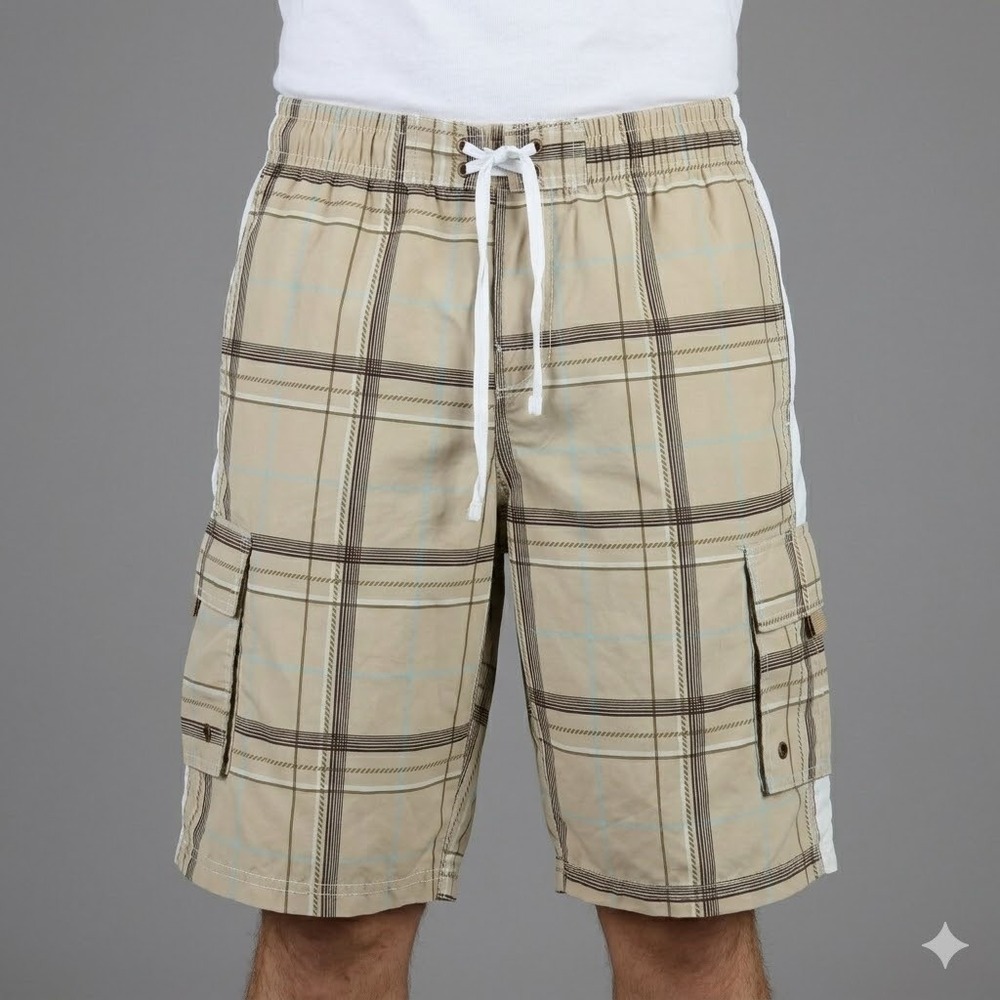 Surf Mentality Plaid Cargo Board Shorts Tan Blue White Size Medium